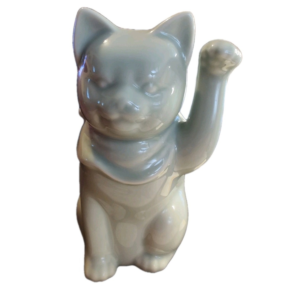 Celadon Maneki Neko Cat 9" Tall Beckoning Wealth and Prosperity Vintage - Picture 4 of 4